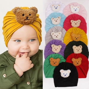 Newborn baby turban hat with plush bear patch and soft cotton elasticity in nine colors