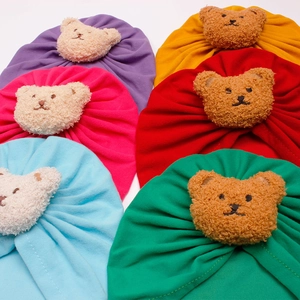 Infant winter beanies with plush bear head in purple yellow red blue and green