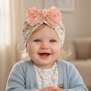 Détail du turban fleuri pour bébé avec un grand nœud en tulle rose et sequins dorés