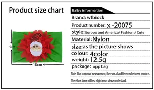 Size chart showing 18x9cm nylon Christmas baby headband with cute Santa and flower detail