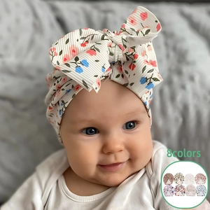 Baby Girl Turban Hat Ribbed Polyester Floral Printed Infant Headwrap With Large Bow Soft Toddler Beanie Cap For Daily Wear