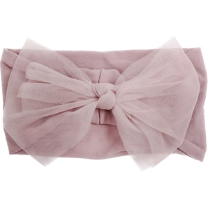 Detailed view of dusty pink baby headband featuring a large double-layer mesh bow design