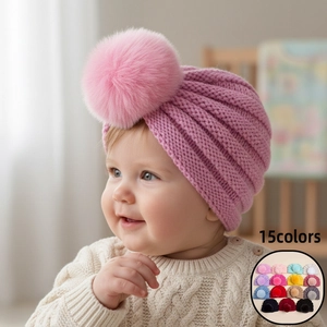Bonnet Turban en Tricot pour Bébé Avec Grand Pompon en Fausse Fourrure Bonnet Côtelé Chaud et Doux pour Nourrissons et Enfants
