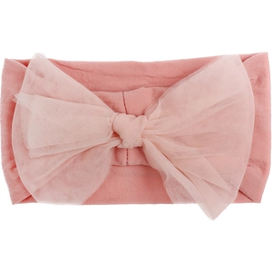 Detail view of pink nylon baby headband with a soft mesh tulle bow on white background