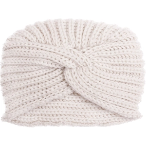 Dettaglio della fascia in maglia a trecce color bianco crema con trama a costine