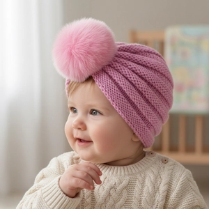 Gros plan d'un bonnet tricoté rose pour bébé avec pompon en fausse fourrure et protège-oreilles