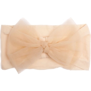 Elastic baby headband with a large layered mesh bow in soft light yellow fabric