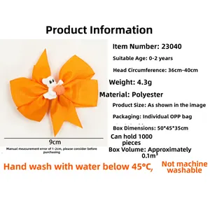 Detail view of 9cm Halloween pumpkin bow headband for infants showing sizing information