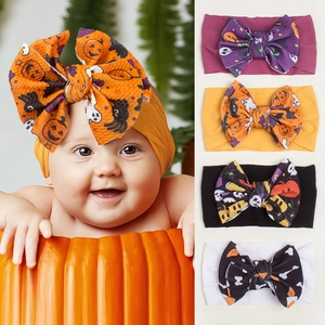 Halloween baby headbands with pumpkin ghost prints and large waffle fabric bows set of 4