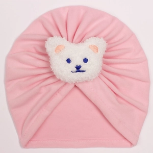 Newborn baby turban hat in light pink with cute bear patch for winter warmth