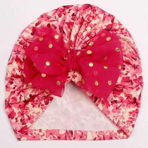 Bonnet turban bébé à imprimé fleuri avec un nœud en mousseline rose aux pois dorés