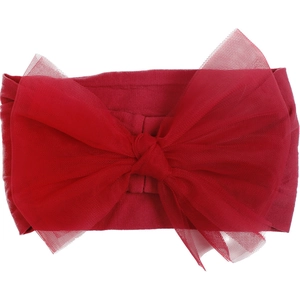 Detail of burgundy baby headband featuring a large puffy double-layered nylon mesh bow
