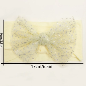 Detailed size specifications for the yellow nylon mesh bow headband showing dimensions