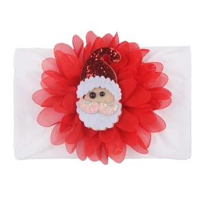 Christmas baby headband with large red chiffon flower and Santa Claus motif on white nylon band