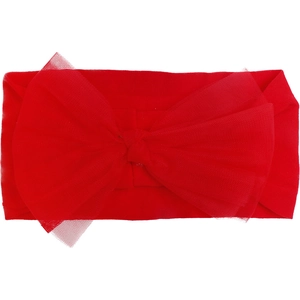 Close-up of vibrant red nylon headband featuring a large stiff mesh bow for toddlers