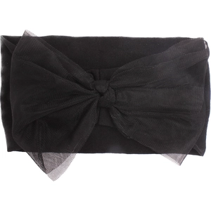 Detail view of a black nylon baby headband with a large mesh bow and textured fabric