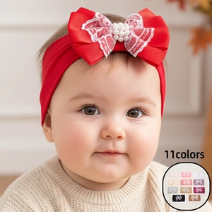 Bandeau en Nylon pour Bébé Fille Bande Cheveux Élastique Douce Avec Grand Nœud en Dentelle et Künstliche Perle d'Imitation pour Enfants
