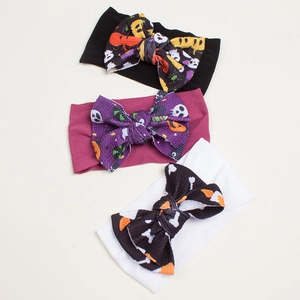 Three-pack waffle texture baby headbands with Halloween pumpkin and ghost print bows
