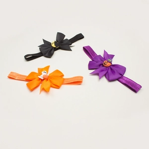 3-pack Halloween baby headbands featuring bat, ghost, and pumpkin ribbon bows