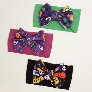 Three-pack Halloween baby headbands with pumpkin and ghost prints on large bow ties