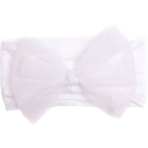 Detailed view of baby white nylon headband featuring a large double-layer mesh bow design