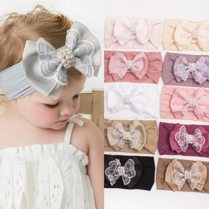 Bandeau élastique en nylon pour bébé avec nœud en dentelle et perles en 10 coloris