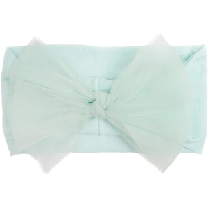 Soft mint green nylon baby headband with a large tulle bow decoration for infants