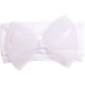 Detailed view of white nylon baby headband featuring a large soft mesh tulle bow accessory