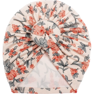 Rosa Baby-Turban-Mütze mit Blumenmuster, Donut-Knoten und Rippstrick-Stoff-Detail