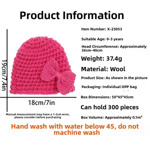 Detailed size chart for pink knitted baby beanie with bow for infants 0-3 years old