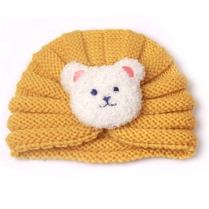 Infant ginger yellow knitted turban hat with cute white plush bear patch for winter