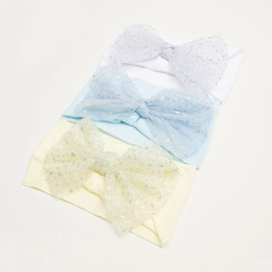 Three-pack soft nylon baby headbands with large mesh sequin bows in pastel colors
