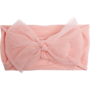 Close-up of pink nylon baby headband showing soft mesh bow detail and knit texture
