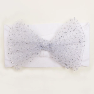 Detail of baby nylon headband with large silver glitter mesh bow for infants