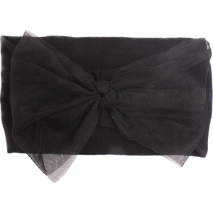 Detailed view of the layered black mesh bow on an elastic nylon baby headband