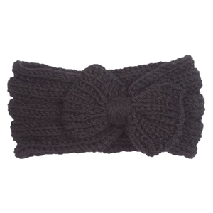 Detailed view of black knitted baby headband with a large decorative bow for winter warmth