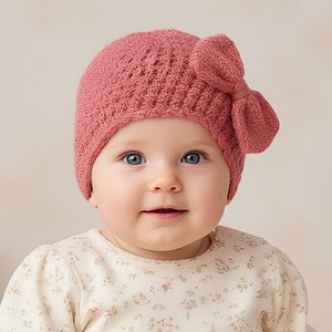 Detailed close-up of a pink knit baby hat featuring a large bow and breathable hollow design