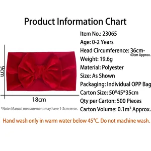 Red velvet baby bow headband for infants 0-2 years, fits head size 36-40cm