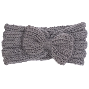 Detailed view of dark grey thick knitted headband featuring a ribbed bow design