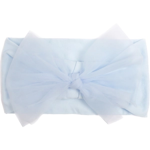 Detail view of light blue baby nylon headband with large mesh bow on white background