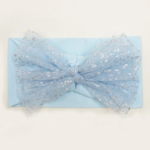 Detail view of light blue baby headband with glittery mesh bow and soft nylon fabric