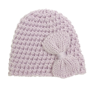 Detailed close-up of light purple hand-knit baby hat with a large matching bow decoration