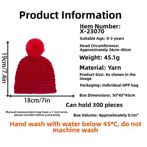 Detailed size specifications for the red knitted baby hat with pompom for infants aged 0-3