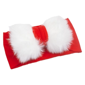 Winter Christmas baby headband with red knit elastic band and white faux fur bow