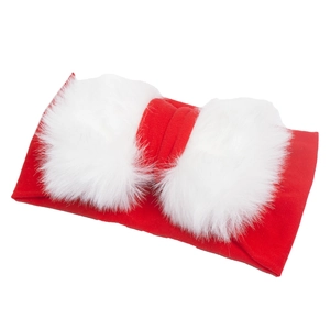 Detail of red elastic baby headband with fluffy white faux fur pom poms for Christmas