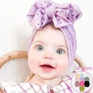 Bonnet Turban Bébé Avec Grand Nœud Œillets Polyester Respirant Enveloppe de Tête pour Nourrisson Accessoires de Photographie
