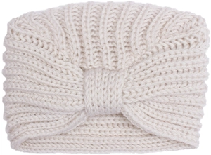 Detail of ivory ribbed knit turban hat featuring a decorative center knot and texture