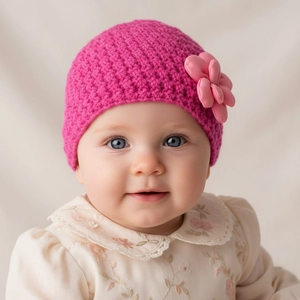 Close-up of rose pink knitted baby beanie featuring a delicate layered fabric flower
