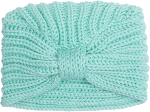 Detailed close-up of mint green knitted baby headband with creative knot design