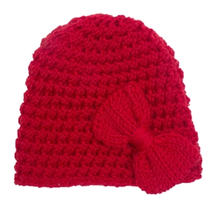 Detail of red knit infant hat featuring a soft chunky texture and large side bow ornament